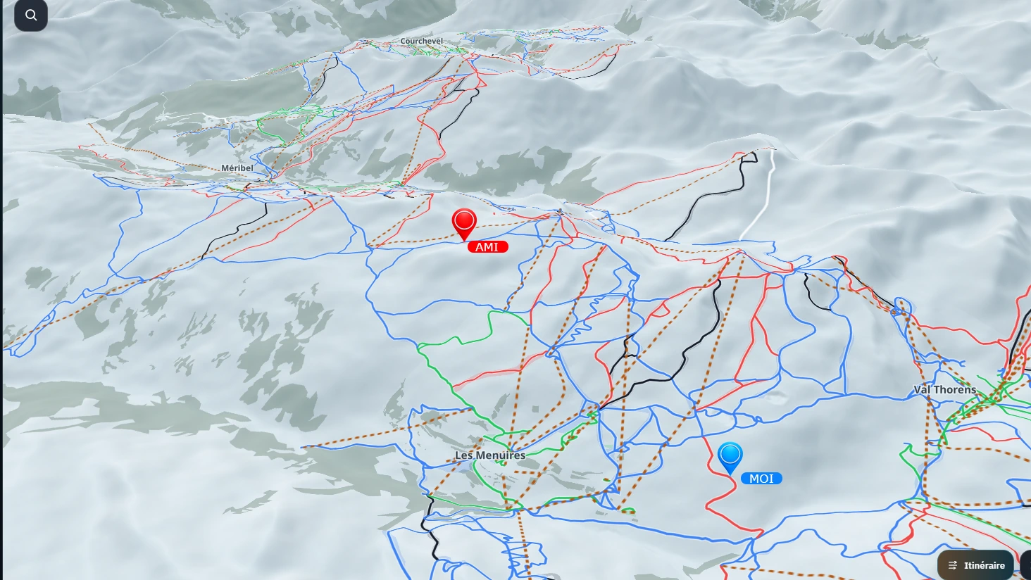 Vue de démonstration de Skinav sur le secteur des 3 Vallées